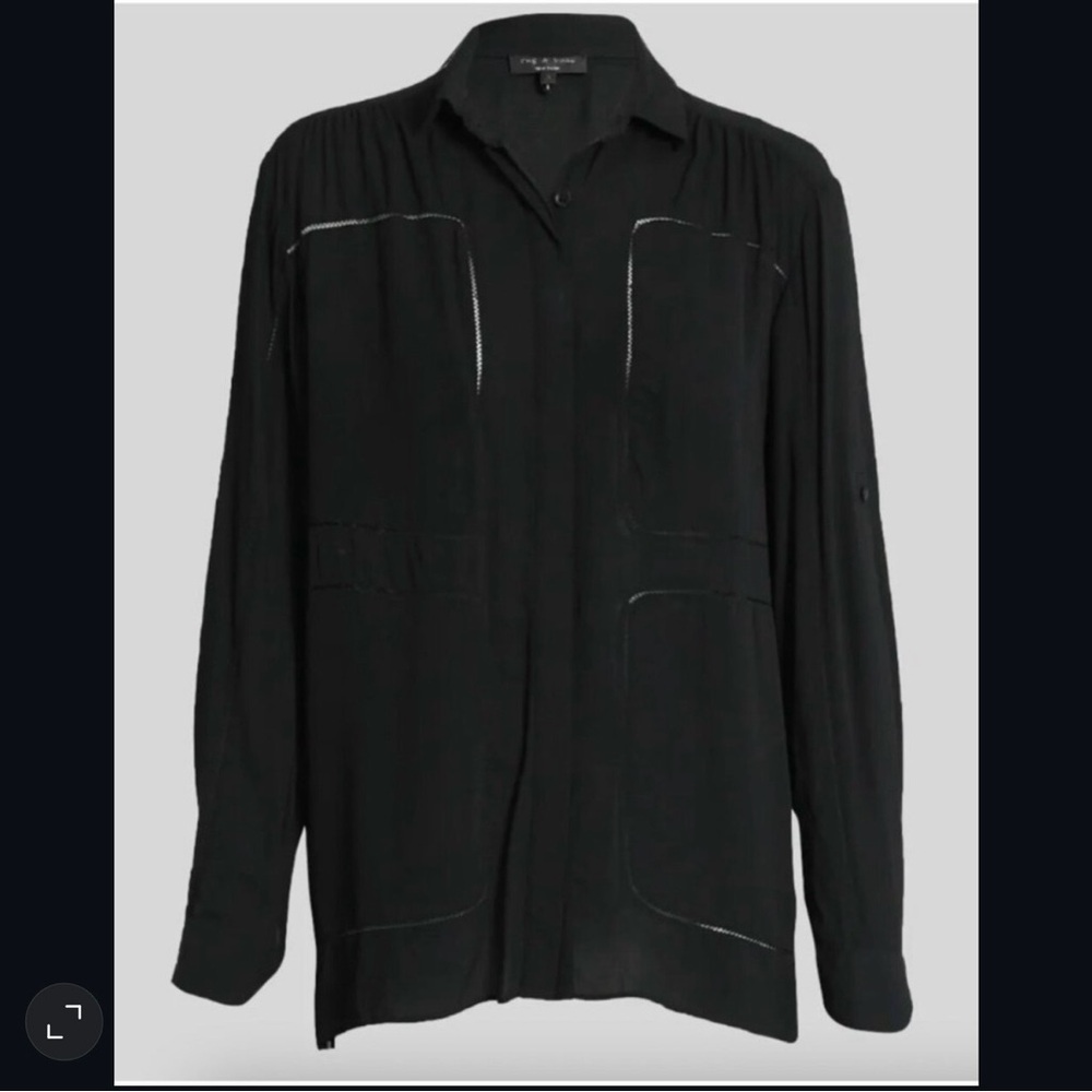 Rag bone Silk Button Up Shirt Womens Small Black Long Sleeve Roll Up